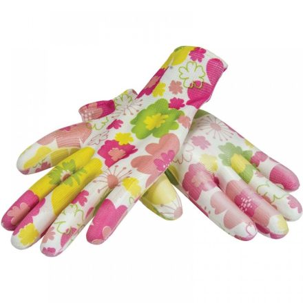Dedra BH1008R07 Munkavédelmi kesztyű (kertészkesztyű), PU mártott, pink, virágmintás 7/S
