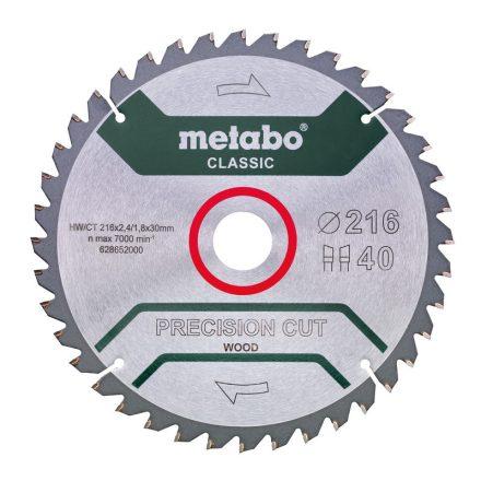 Metabo  628652000 Fűrészlap "precision cut wood - classic", 216x30 Z40 WZ 5°neg /B
