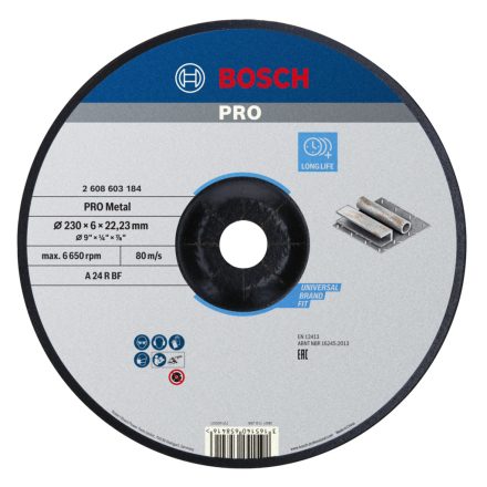 <Bosch  2608603184 PRO Metal csiszolótárcsa (Nagyolótárcsa) hajlított 230mm,22,23mm,6,0 mm