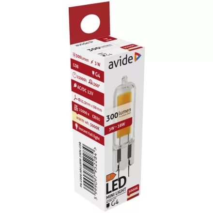 Avide LED izzó 3W G4 COB 12V WW 3000K 5999097952284
