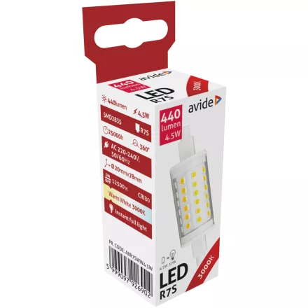 Avide LED izzó 4.5W R7S 20x78mm WW 3000K 5999097926902