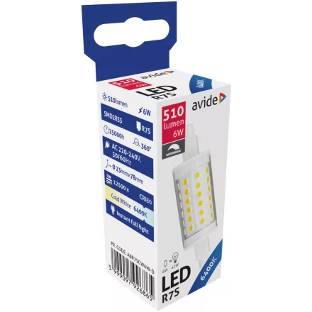 Avide LED izzó 6W R7S 23x78mm CW 6400K Fényerőszabályzós 5999097926865