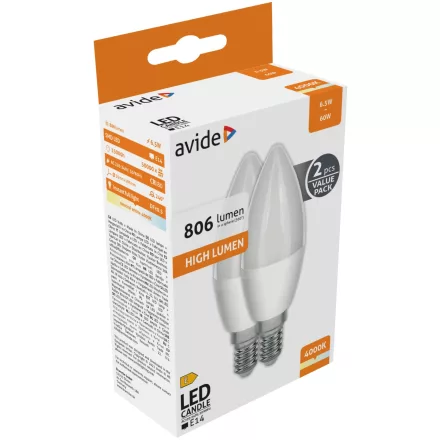 Avide LED izzó Candle Twin Pack 6.5W E14 NW 4000K 5999097951829
