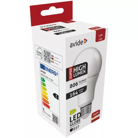 Avide LED izzó Globe A60 4.9W E27 WW 3000K Super High Lumen 5999097938608