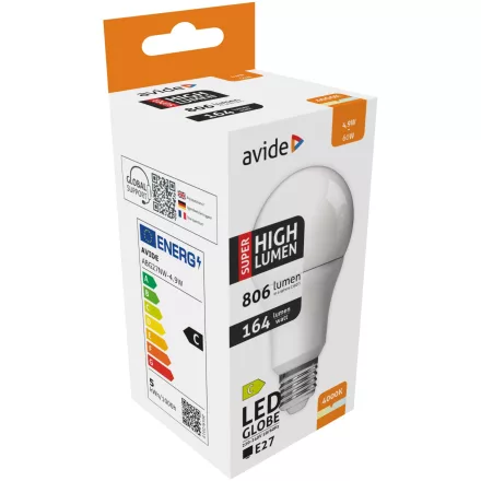 Avide LED izzó Globe A60 4.9W E27 NW 4000K Super High Lumen 5999097938585