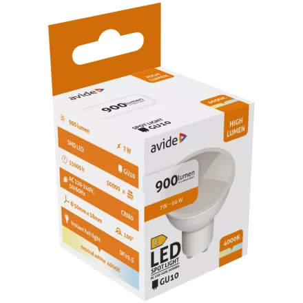 Avide LED izzó Spot Alu+plastic 7W GU10 NW 4000K 900lm 5999097960746
