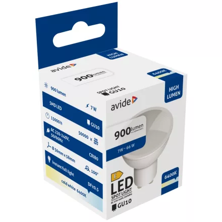 Avide LED izzó Spot Alu+plastic 7W GU10 CW 6400K 900lm 5999097960784