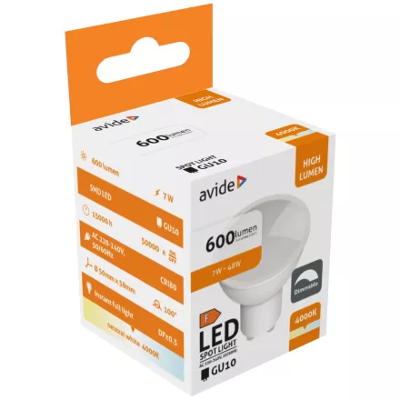 Avide LED izzó Spot Plastic Fényerőszabályzós 7W GU10 NW 4000K 5999097926384