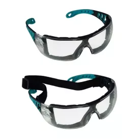   Dedra DED7100 SAS+ALL Munkavédelmi szemüveg víztiszta, karc-, páramentes, fekete keret, kék szár