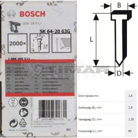   Bosch 2608200533 Süllyesztett fejű szeg SK64-20 63mm horganyzott 2000db ( GHN18V-64)
